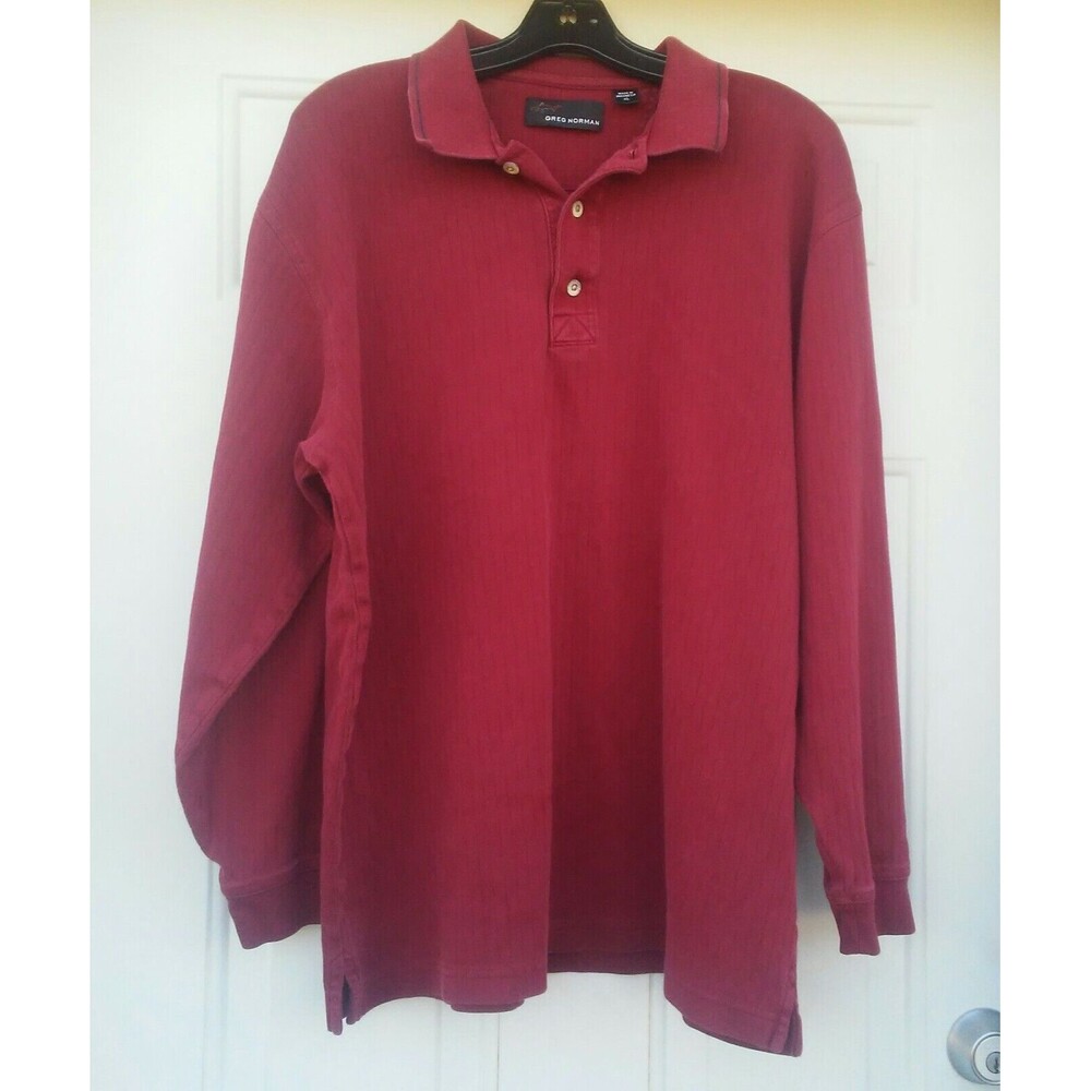 Greg Norman Fabric Striped / Ribbed Polo Shirt Long Sleeve XL Maroon